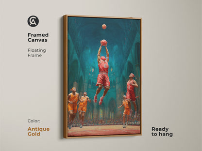 This framed canvas art features a basketball dunk in a gothic cathedral. An antique gold floating frame adds a vintage touch. Ready to hang it is perfect as teen room wall art or a unique gift. This artwork is sure to impress.