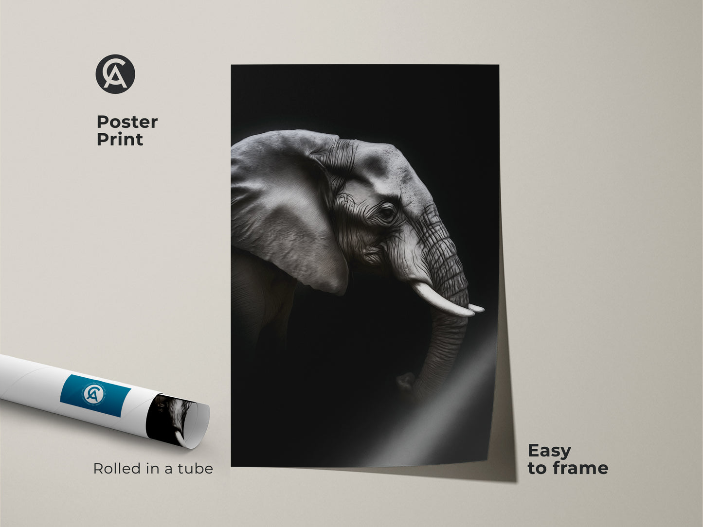 Monochrome elephant art poster print rolled in a tube. Easy to frame black and white wildlife print captures the majestic presence of an elephant. Perfect for animal lovers this minimalist elephant print brings nature indoors. A great gift for any occasion.
