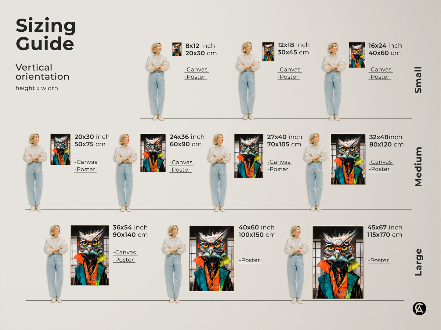 Sizing guide for the surreal owl art print. Vertical orientation options include canvas and poster in small medium and large sizes. Perfect back to school wall decor for a study room or eclectic office wall art. 