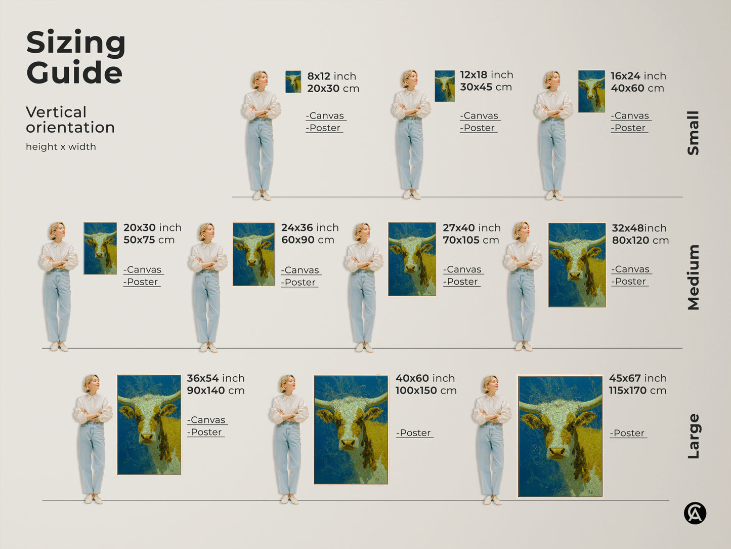 Sizing guide for a vertical longhorn cow artwork available in canvas or poster prints. See how different sizes look with a person standing next to it. Ranging from small to large this art will enhance your space with a unique cow illustration.