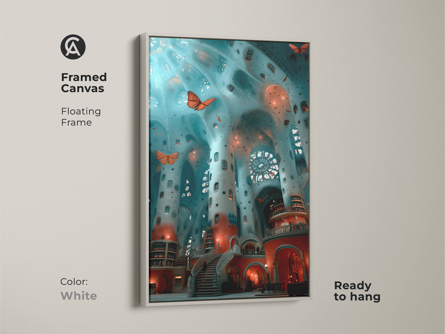 Explore print options for fantasy interior artwork. Choose from poster prints stretched or framed canvases. Each surreal architecture piece brings teal blue and red tones. The butterfly art print will transform any space into an eclectic dreamlike escape. Find your perfect medium today.