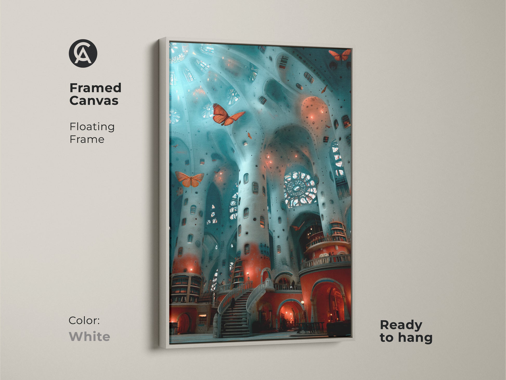 Explore print options for fantasy interior artwork. Choose from poster prints stretched or framed canvases. Each surreal architecture piece brings teal blue and red tones. The butterfly art print will transform any space into an eclectic dreamlike escape. Find your perfect medium today.