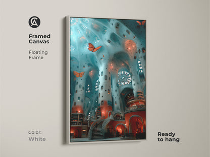 Explore print options for fantasy interior artwork. Choose from poster prints stretched or framed canvases. Each surreal architecture piece brings teal blue and red tones. The butterfly art print will transform any space into an eclectic dreamlike escape. Find your perfect medium today.