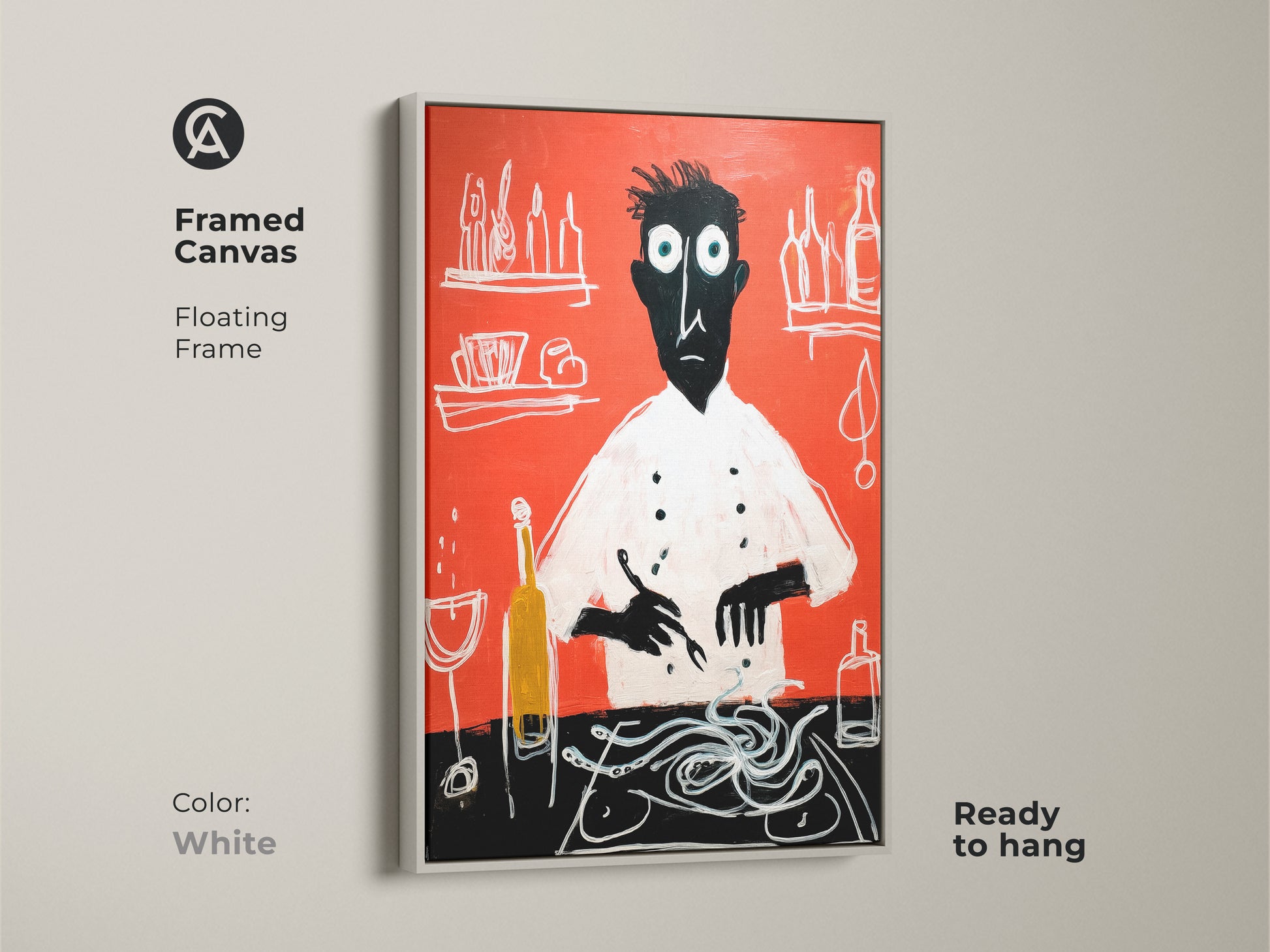 Framed canvas with a floating white frame displaying a chef preparing spaghetti. The red abstract kitchen wall art is ready to hang. Modern folk art enhances eclectic home decor. An ideal chef print for cooks adding artistic charm to their space.