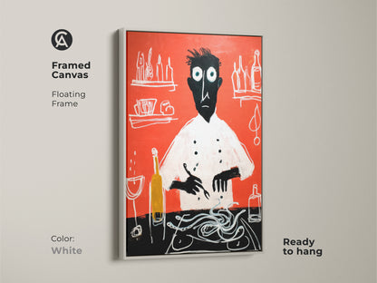 Framed canvas with a floating white frame displaying a chef preparing spaghetti. The red abstract kitchen wall art is ready to hang. Modern folk art enhances eclectic home decor. An ideal chef print for cooks adding artistic charm to their space.