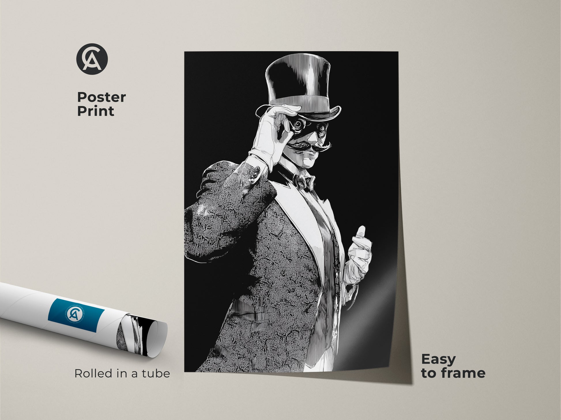 Poster print featuring a vintage man with a top hat. This art deco gentleman wall art is a black and white ink drawing. Rolled in a tube this frameable artwork offers classic office decor.