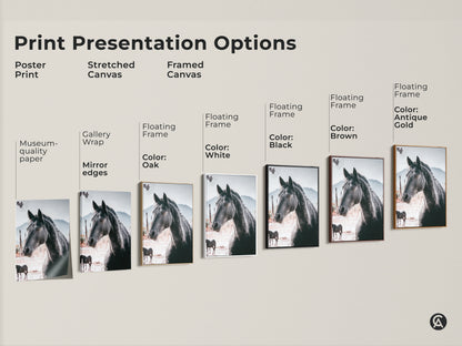 Print presentation options for horse artwork. Choose from poster prints stretched canvas and framed canvas. Each option features a photorealistic black horse. These rustic wildlife prints are perfect for equestrian decor and gifts for horse lovers.