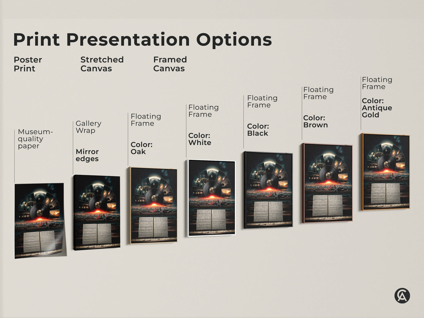 Explore the print presentation options. From poster prints to stretched canvas to framed canvas this conceptual space artwork is versatile. Each medium enhances surreal music cityscape wall art.
