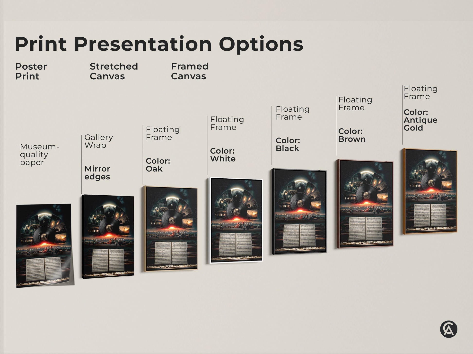 Explore the print presentation options. From poster prints to stretched canvas to framed canvas this conceptual space artwork is versatile. Each medium enhances surreal music cityscape wall art.