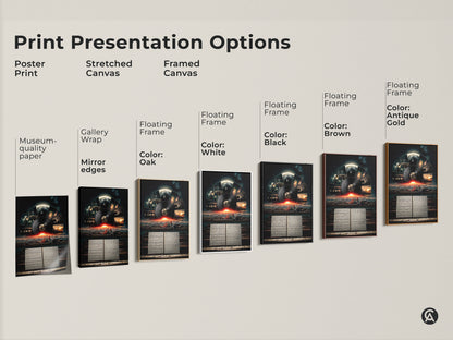 Explore the print presentation options. From poster prints to stretched canvas to framed canvas this conceptual space artwork is versatile. Each medium enhances surreal music cityscape wall art.