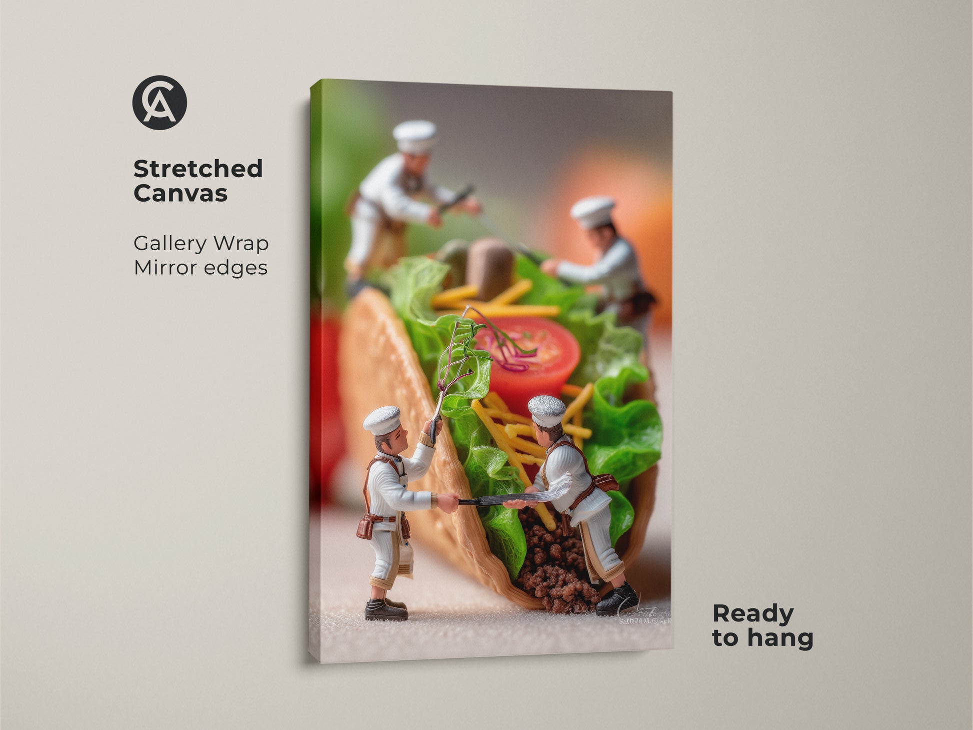 Stretched canvas artwork featuring tiny chefs making a taco. Gallery wrapped with mirrored edges this ready to hang art adds depth. A creative piece that enhances your space. Perfect for food art collectors.
