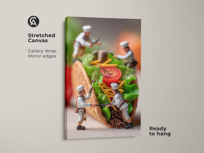 Stretched canvas artwork featuring tiny chefs making a taco. Gallery wrapped with mirrored edges this ready to hang art adds depth. A creative piece that enhances your space. Perfect for food art collectors.
