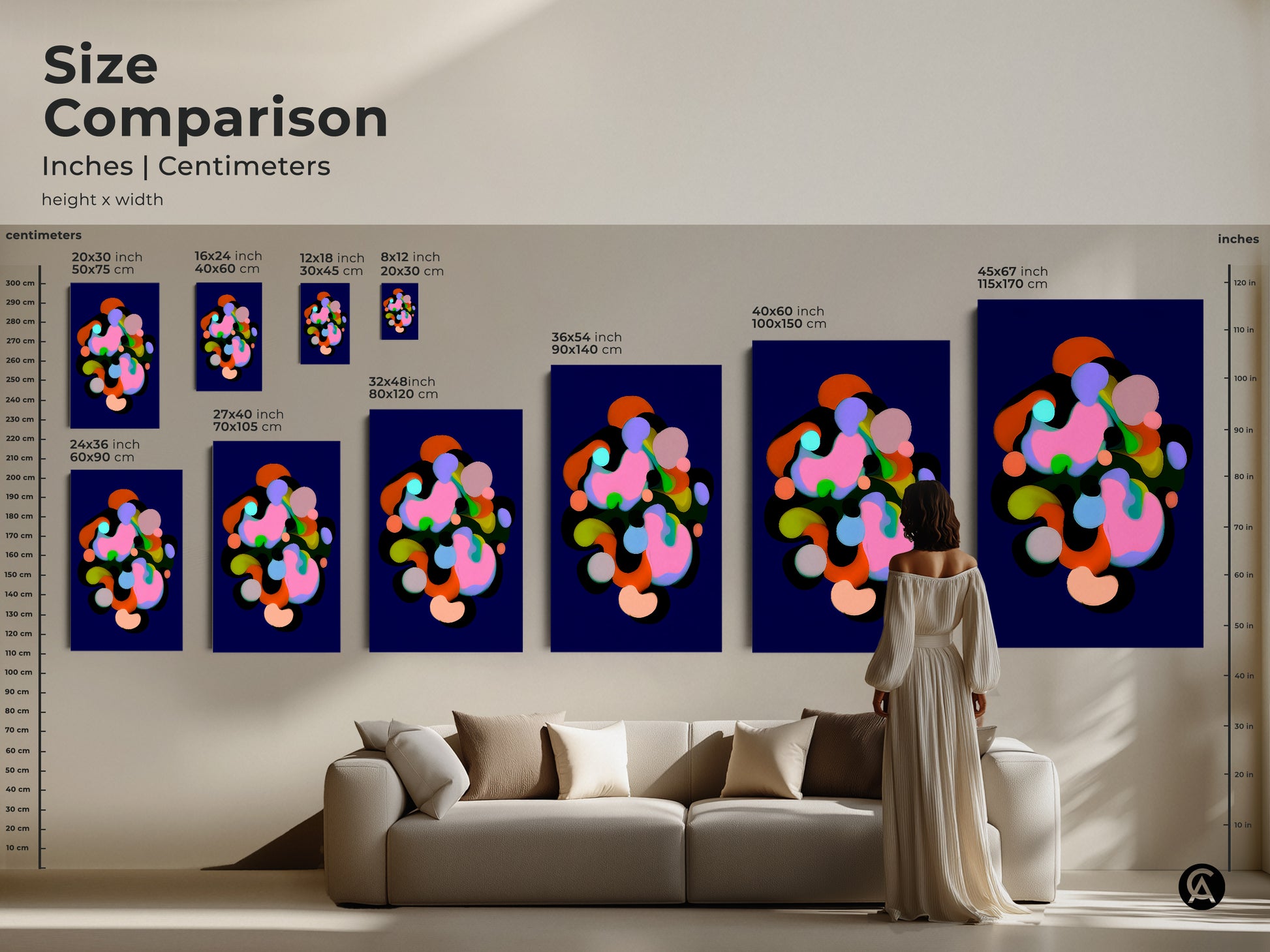 Size comparison of modern abstract art prints in inches and centimeters. The artwork is displayed above a sofa showcasing various sizes. Geometric shapes in indigo pink and green tones are ideal for bedroom office or living room wall artwork.