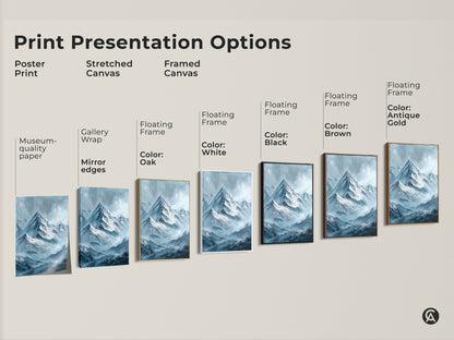 Art print presentation options. This artwork features snow-capped mountains in different print styles. Find the perfect framed canvas or poster for your home today. Available in different frame colors