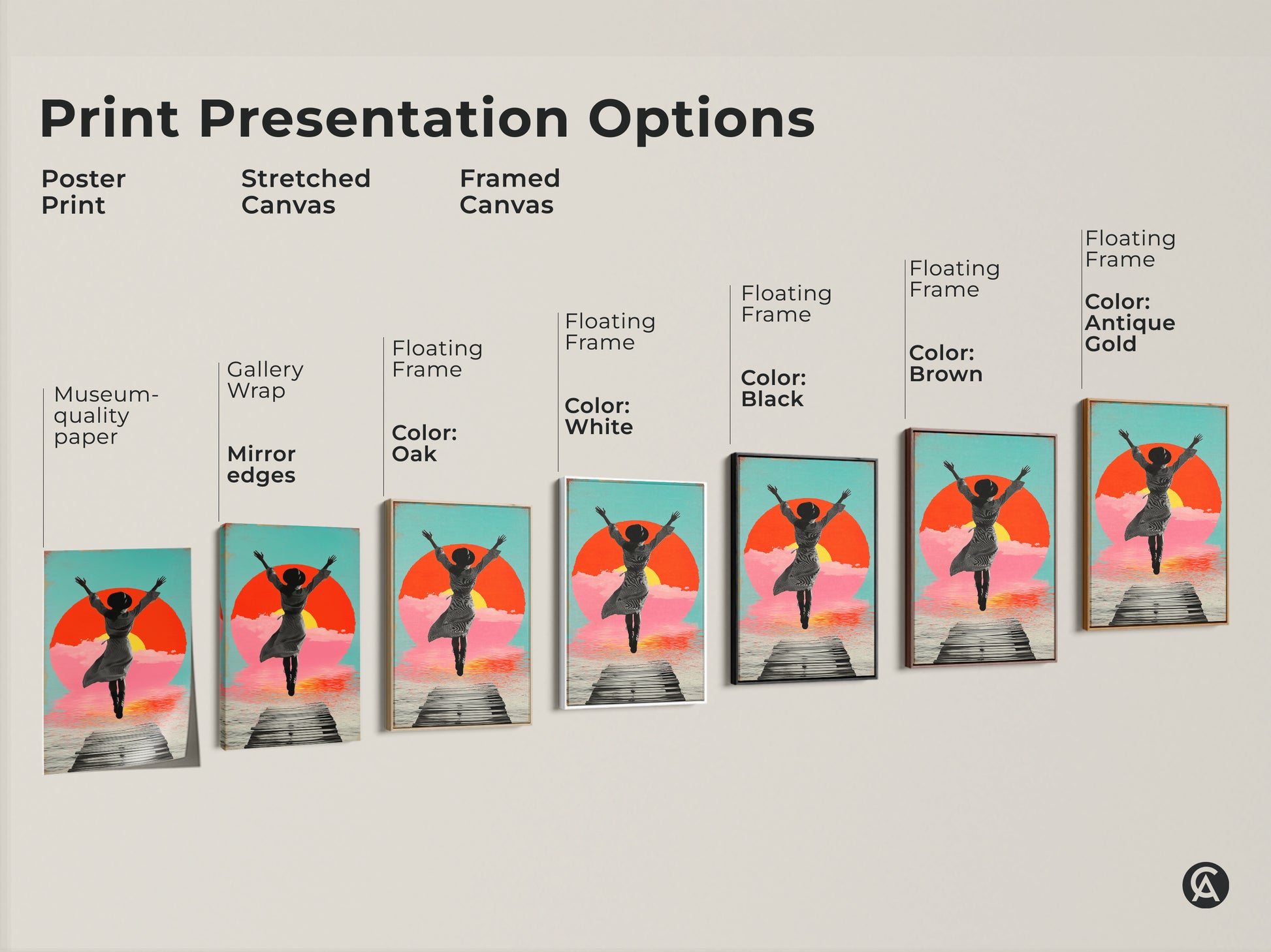 Explore print presentation options of a retro collage featuring a woman jumping on a pier during sunset. Options include poster prints stretched canvas and framed canvas in multiple colors perfect for home decor and dreamer gifts.