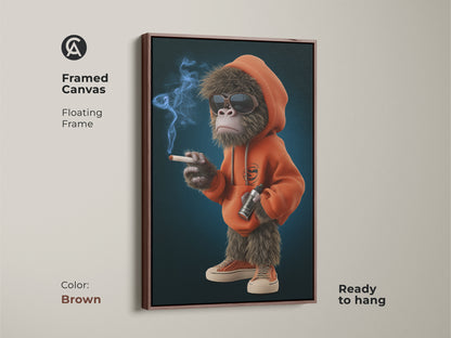 Framed canvas with a floating frame showcasing a streetwear monkey. The brown frame enhances the cartoon animal artwork. This piece is ready to hang. It is perfect for man cave wall decor. The orange hoodie and sunglasses give this smoking monkey a unique and edgy vibe.