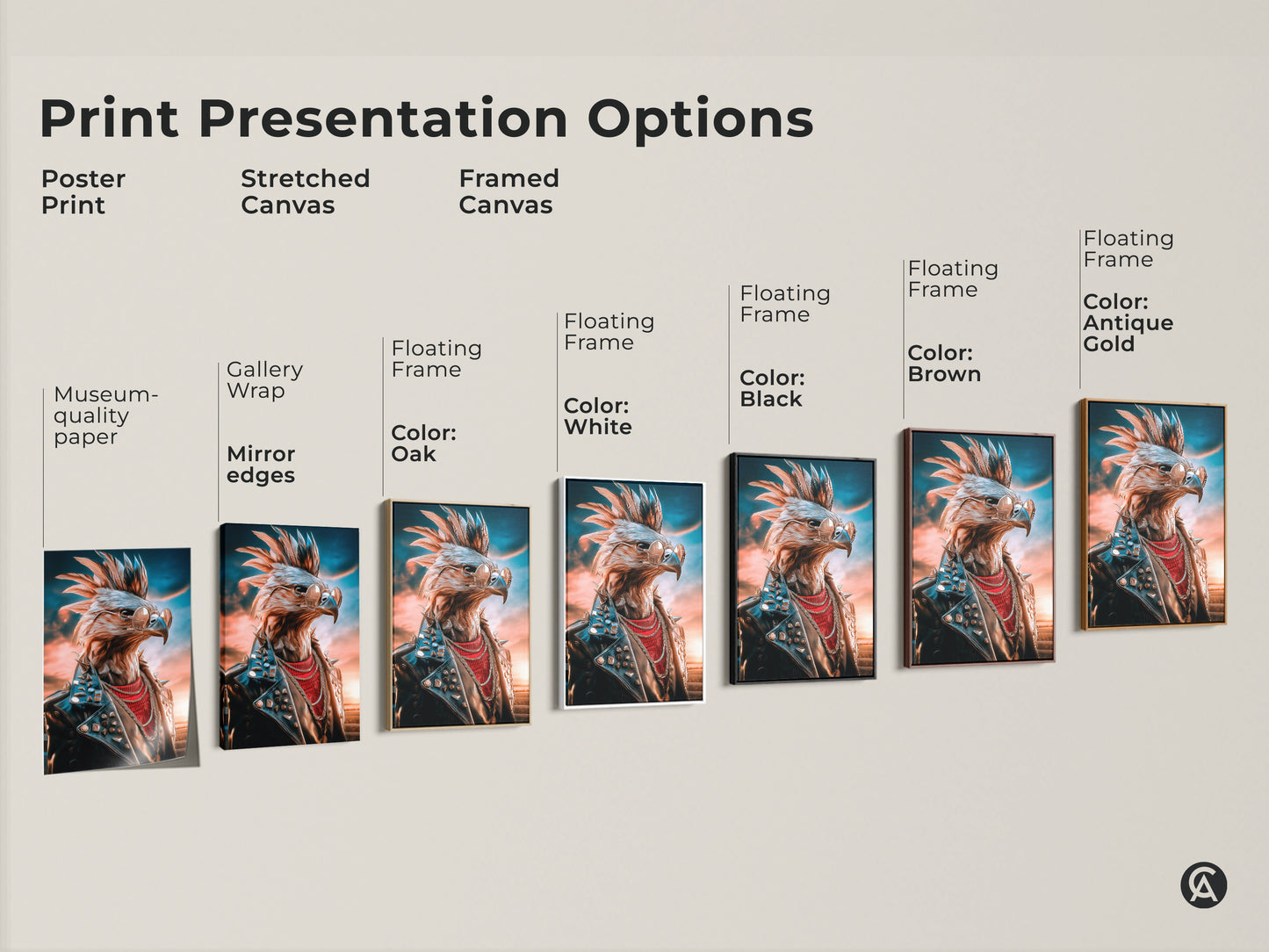 Explore print presentation options for the rocker eagle canvas artwork. Choices include poster prints and stretched canvas. Framed canvas options include black white oak brown and antique gold. Find the perfect style for your space.