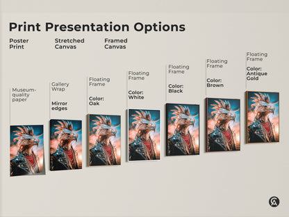 Explore print presentation options for the rocker eagle canvas artwork. Choices include poster prints and stretched canvas. Framed canvas options include black white oak brown and antique gold. Find the perfect style for your space.