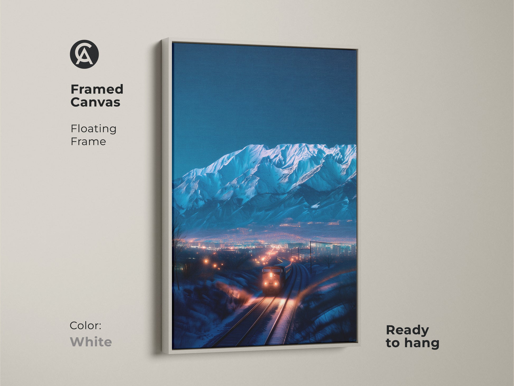 Framed canvas features indigo mountains. A train approaches a night cityscape. The white floating frame adds a clean touch. Ready to hang it offers home decor. This canvas print is a unique winter landscape gift.