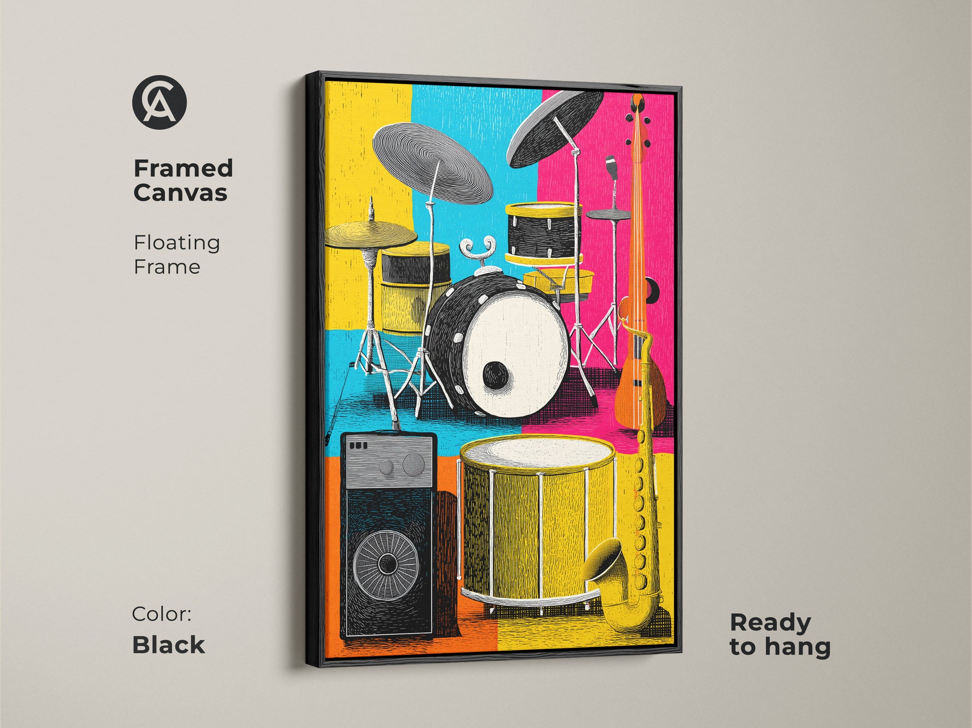 Framed canvas art featuring a music room scene with a drum set saxophone guitar and amp. The floating frame enhances the artwork. The black frame complements the colorful blocks. This ready to hang piece adds a modern touch to any space.