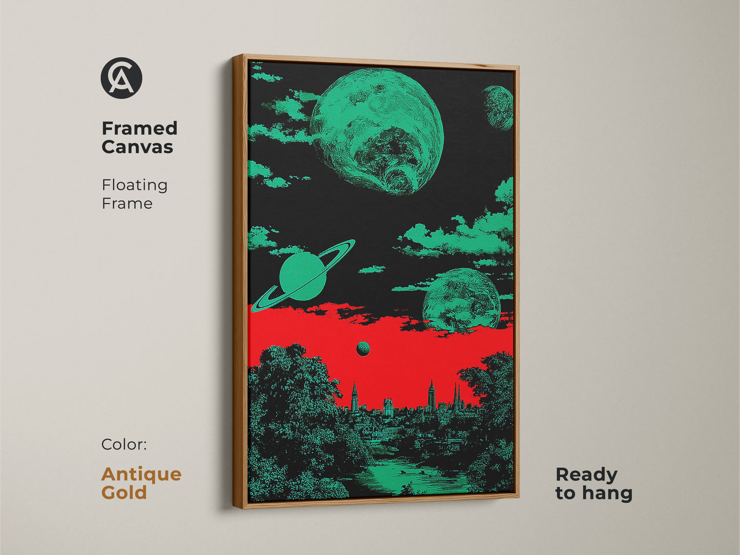 Antique gold framed canvas art print showcasing a retro futurism surreal space cityscape. The artwork features planets and Saturn above a cityscape. The color scheme includes red green and black shades. This unique wall hanging art is ready to hang.