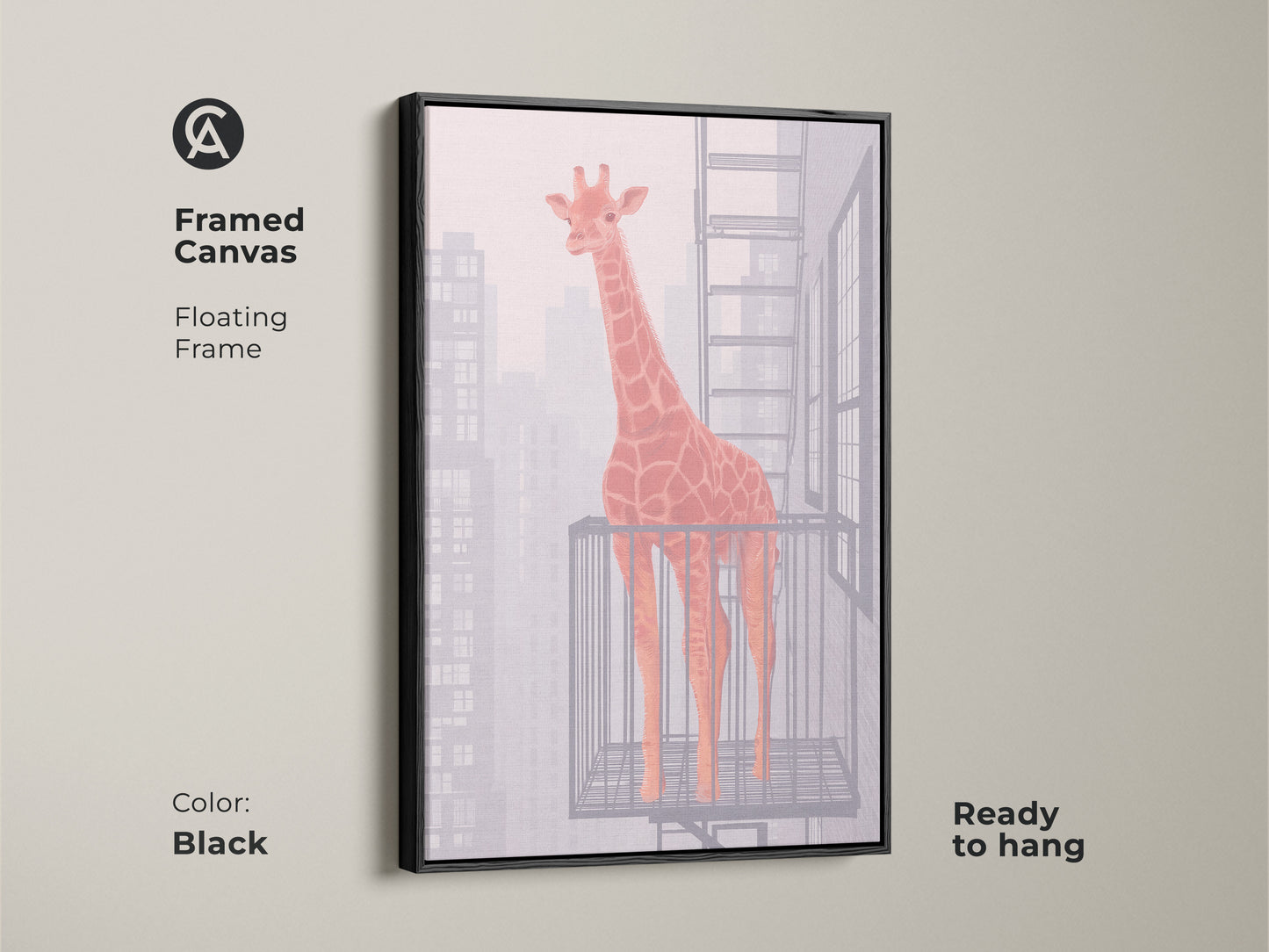 Framed canvas features a floating frame for an orange giraffe abstract artwork. The black frame enhances the contemporary animal artwork. Ready to hang and enjoy. Perfect for office decor.