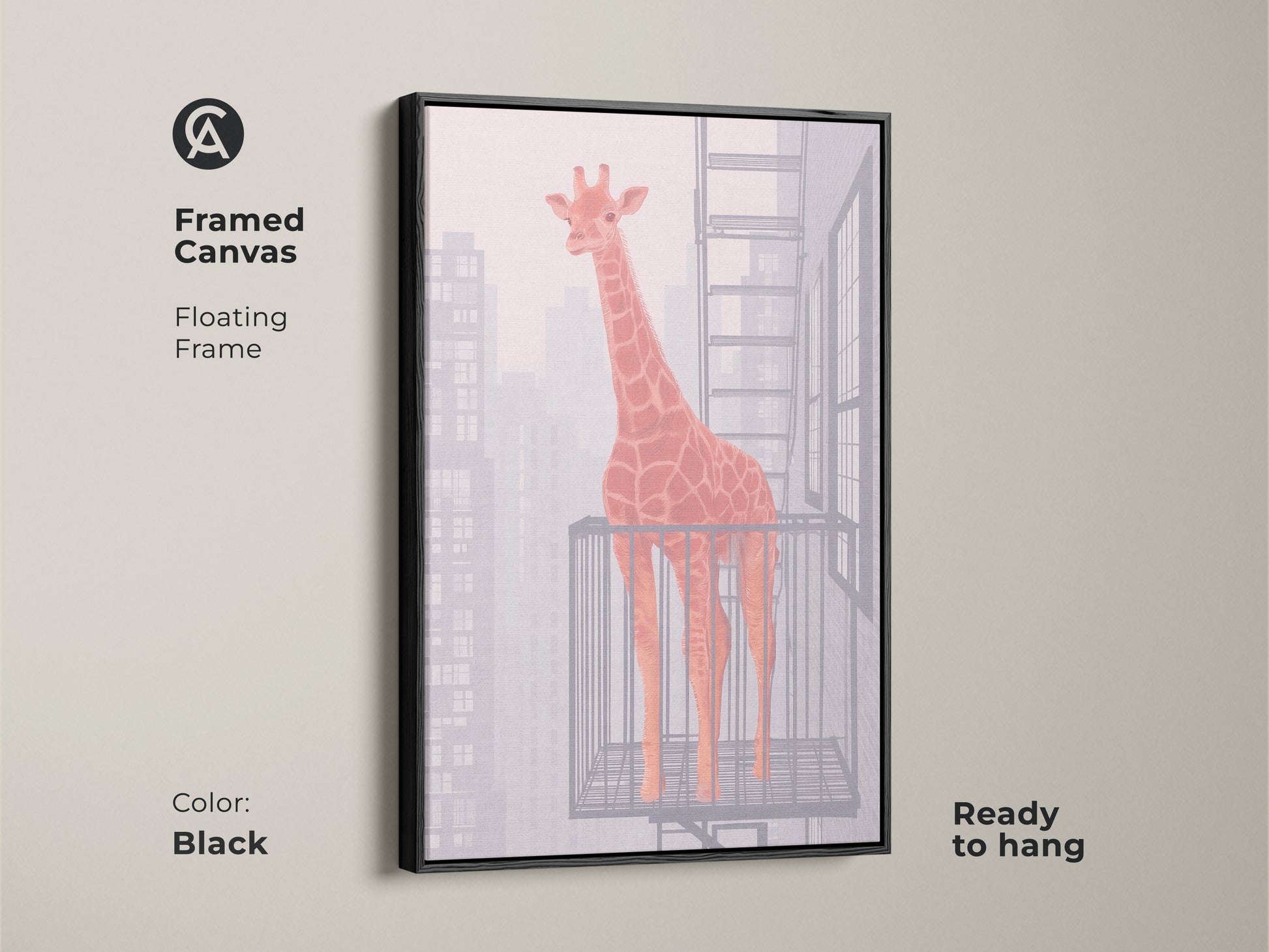 Framed canvas features a floating frame for an orange giraffe abstract artwork. The black frame enhances the contemporary animal artwork. Ready to hang and enjoy. Perfect for office decor.