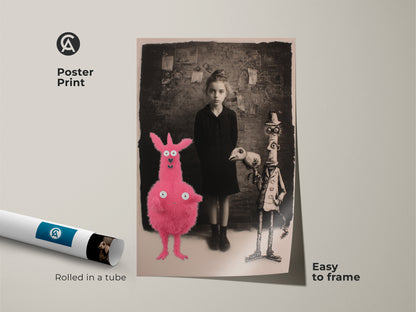 Poster print of a surreal girl with a pink creature and birdman. This dark academia wall art decor is easy to frame. Rolled in a tube this gothic fantasy artwork is a unique gift for art fans. The black and white art has a pink accent.