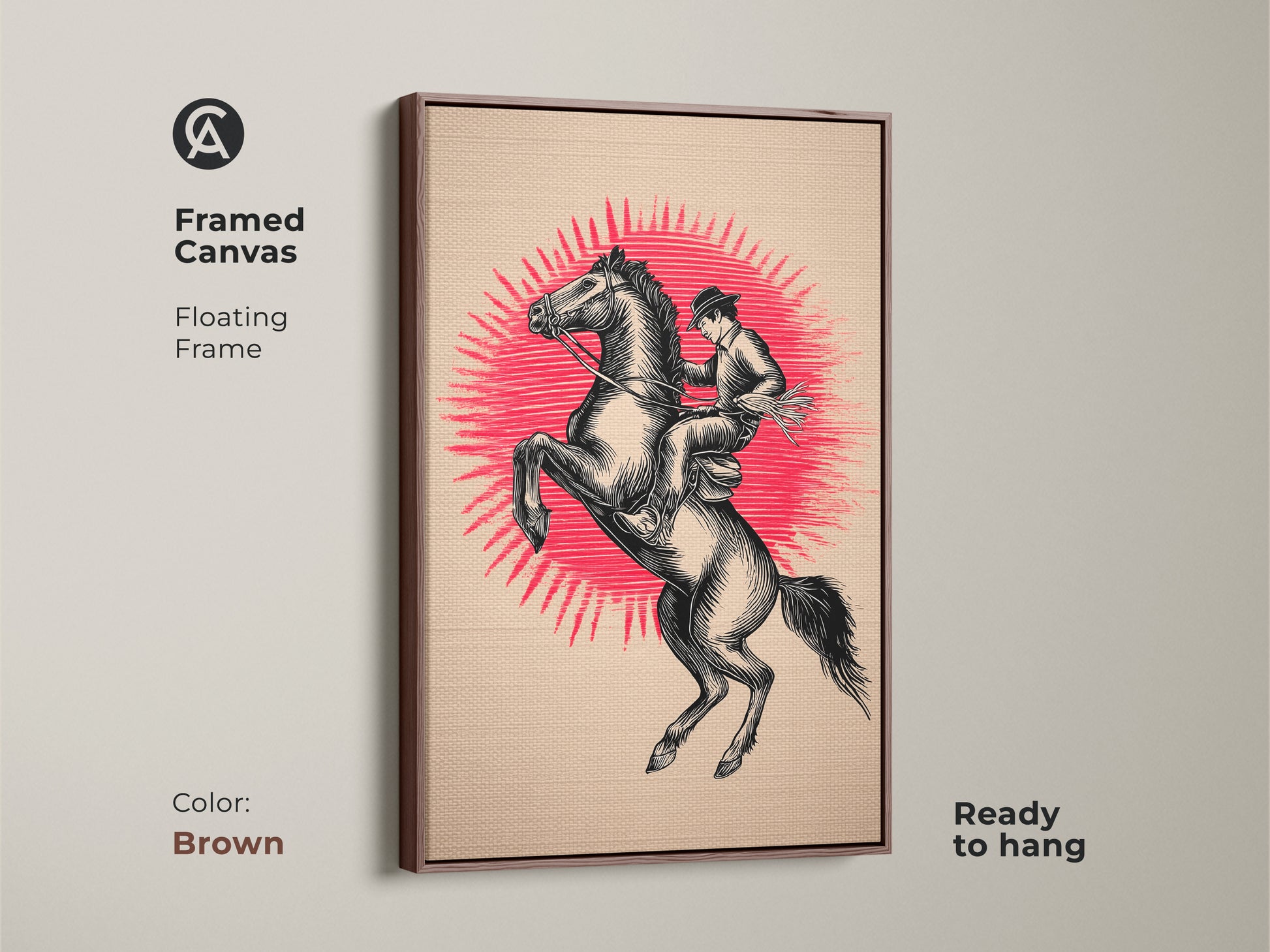 Framed canvas with a floating frame and brown color. This ready to hang artwork shows a cowboy riding a rearing horse. The artwork is a vintage cowboy poster and rustic black beige artwork. It is Americana wall decor.