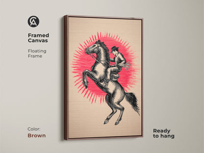 Framed canvas with a floating frame and brown color. This ready to hang artwork shows a cowboy riding a rearing horse. The artwork is a vintage cowboy poster and rustic black beige artwork. It is Americana wall decor.
