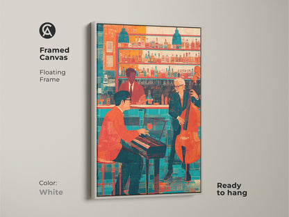 White framed canvas with a floating frame showcasing jazz bar artwork. The retro jazz print features a pianist and double bass player. The orange and teal colors create a vibrant atmosphere. This eclectic music wall art is ready to hang adding a sophisticated touch to any space.