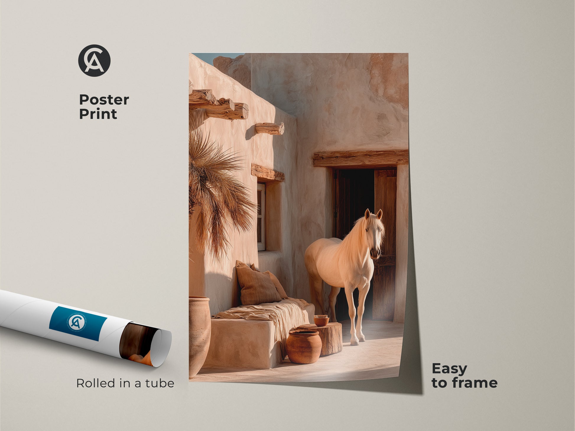 A poster print features a majestic white horse in a desert landscape. This warm earth tone decor is easy to frame. Rolled in a tube for protection. This realistic horse artwork brings rustic elegance to any space. Ideal for a housewarming gift or personal collection.