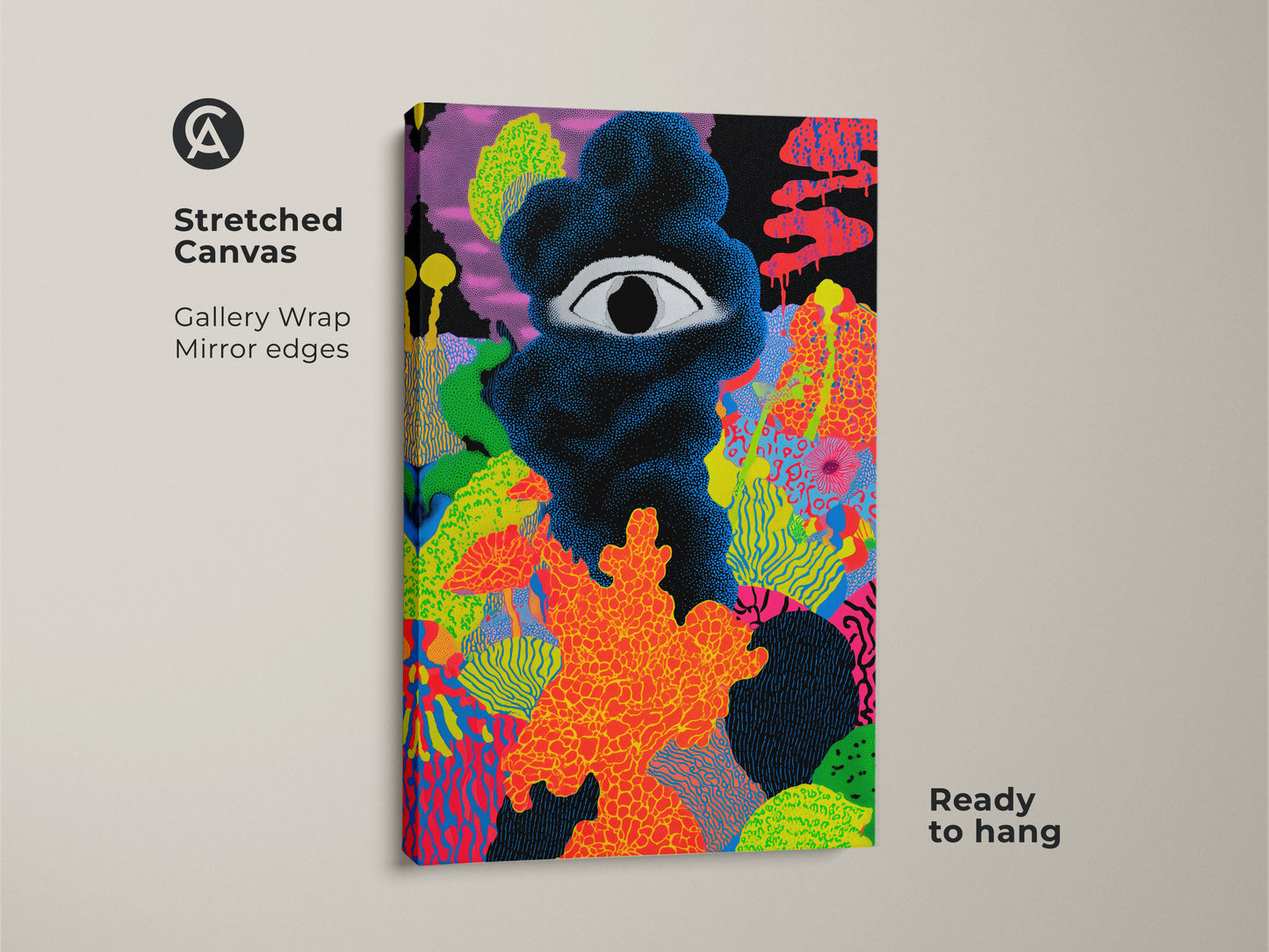 Close-up of a stretched canvas print featuring surreal eye canvas art. The gallery wrap shows mirror edges. This neon orange abstract artwork is ready to hang. Its eclectic home decor art makes a thoughtful gift for art lovers.