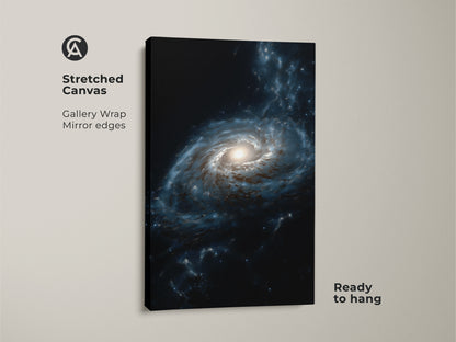 Stretched canvas featuring deep blue galaxy nebula art. The gallery wrap and mirror edges enhance this cosmic space artwork. Ready to hang this contemporary piece brings the beauty of space into your home. Perfect for sci-fi wall decor.
