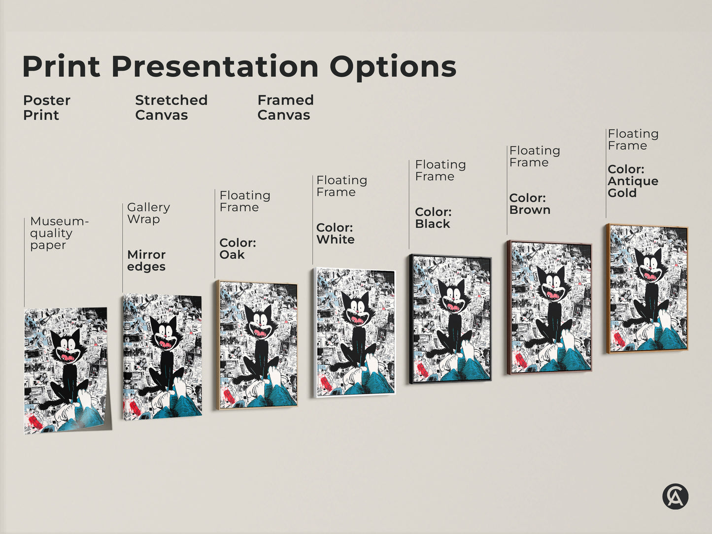 Explore print presentation options for this black cat artwork. Choose from poster print stretched canvas or framed canvas. Each option enhances the whimsical art. Find the perfect style to match your home decor.