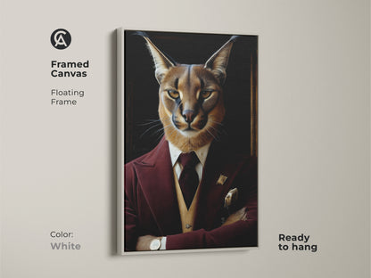 Framed Canvas of Burgundy Tuxedo Caracal with White Frame. This regal cat painting is ready to hang. It's a fine art canvas print. The anthropomorphic wall art is ideal for eclectic home decor. It's a unique birthday gift for him and an animal lover gift.