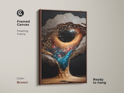 Framed Canvas features a brown floating frame. This surreal galaxy canvas print is ready to hang. The abstract nebula wall art makes unique bedroom art print. A dreamlike space art that inspires contemplation.