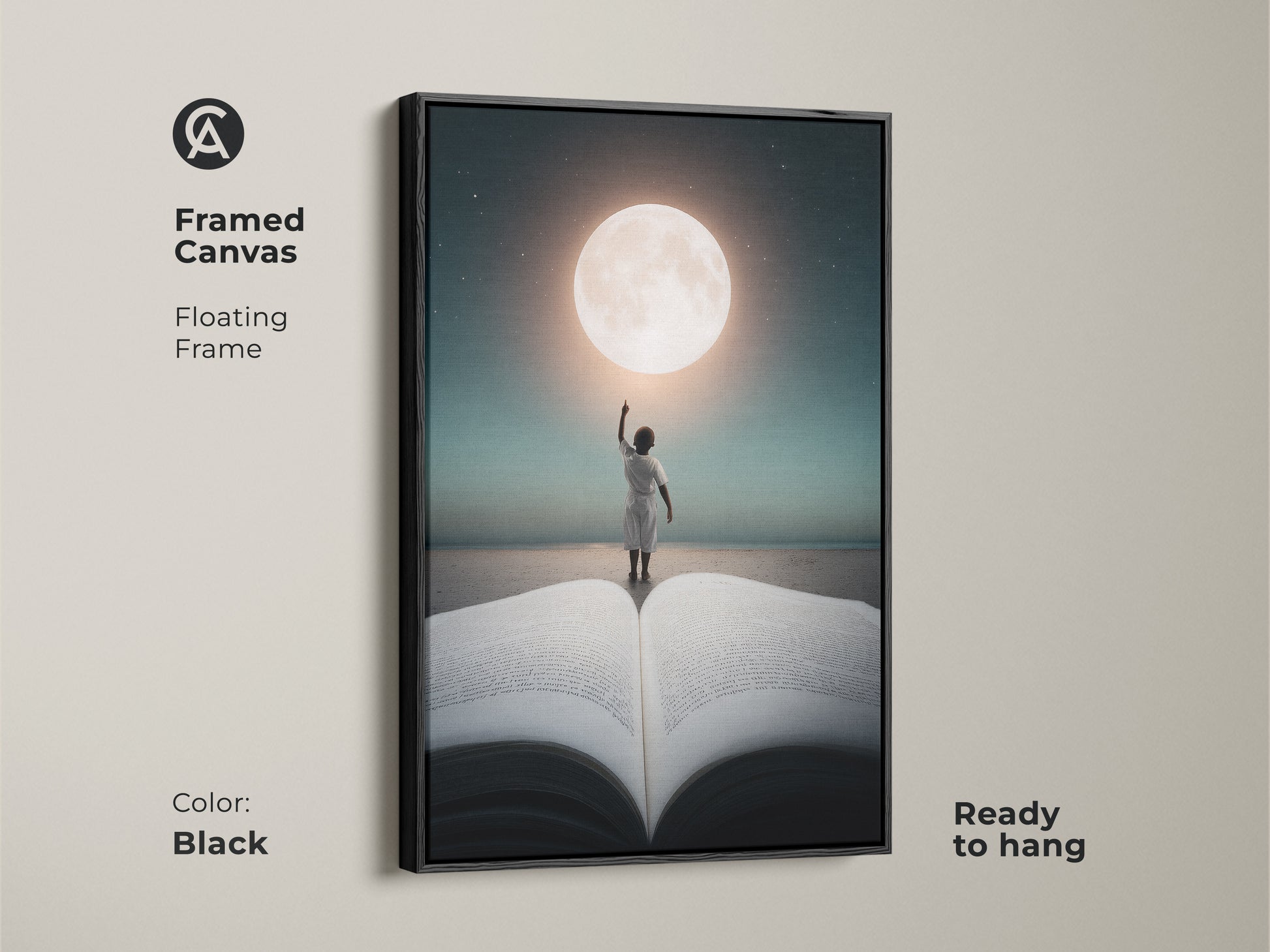 Framed canvas with a floating frame features a child reaching for the moon. The black frame enhances this ready to hang artwork. This conceptual surrealism artwork is perfect for eclectic bedroom wall art.