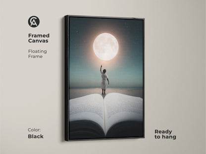 Framed canvas with a floating frame features a child reaching for the moon. The black frame enhances this ready to hang artwork. This conceptual surrealism artwork is perfect for eclectic bedroom wall art.