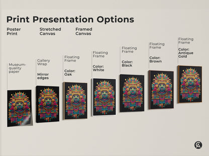 Print presentation options featuring Mayan mask art. Choose from poster prints stretched canvas and framed canvas options. The options include floating frames in black brown antique gold and white. Find the perfect style for your space.