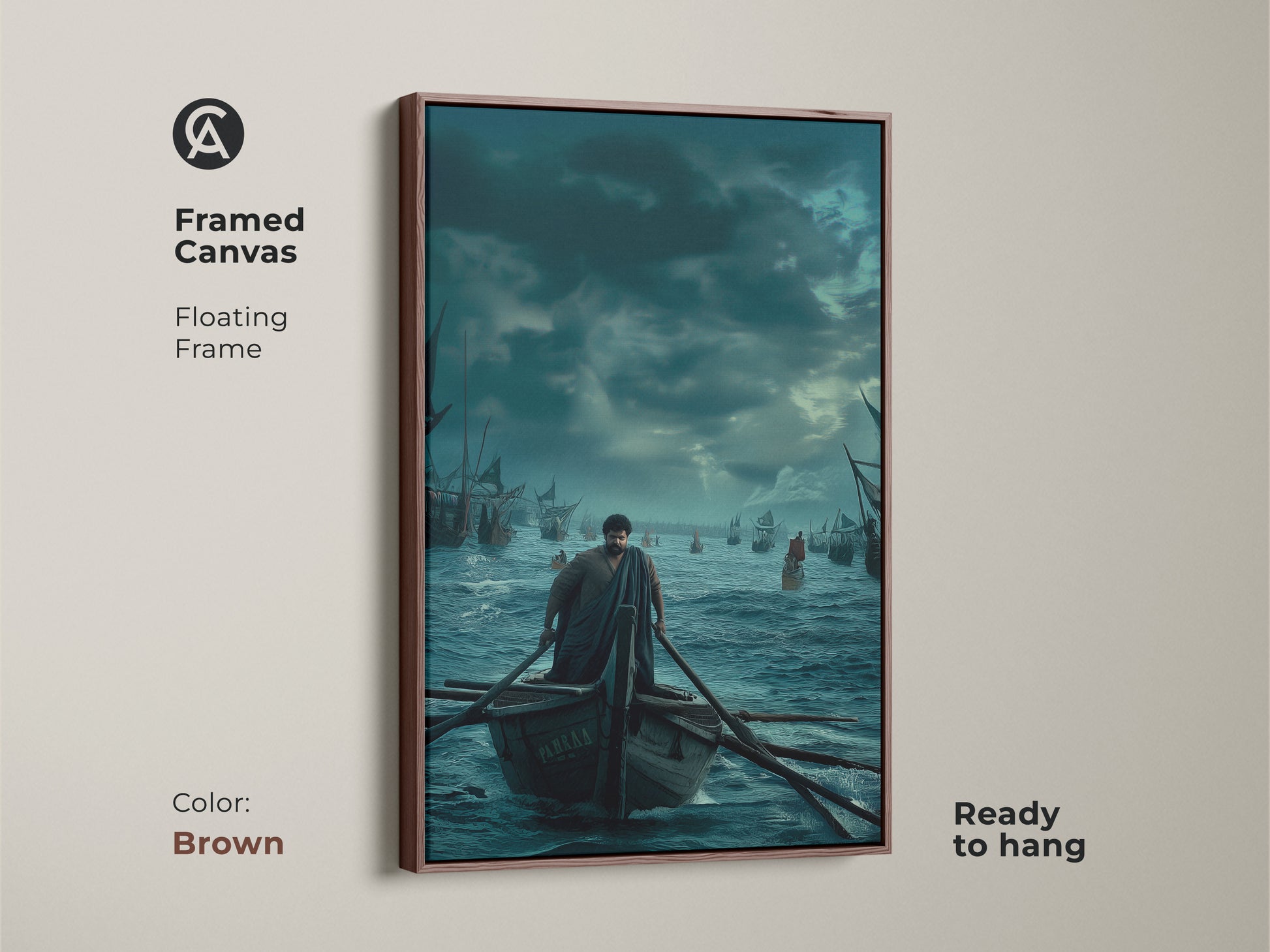 Framed Canvas with a brown floating frame showcasing sailing ships artwork. The maritime canvas print is ready to hang. Ideal art for a man cave or study. This ocean blue wall decor embodies a traditional style. Great gift idea.