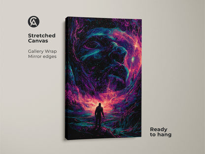 Stretched canvas showing a galaxy artwork. This canvas art features a figure staring at a cosmic face. Ready to hang with gallery wrapped edges. The artwork is a statement piece ready to transform your living space with color.