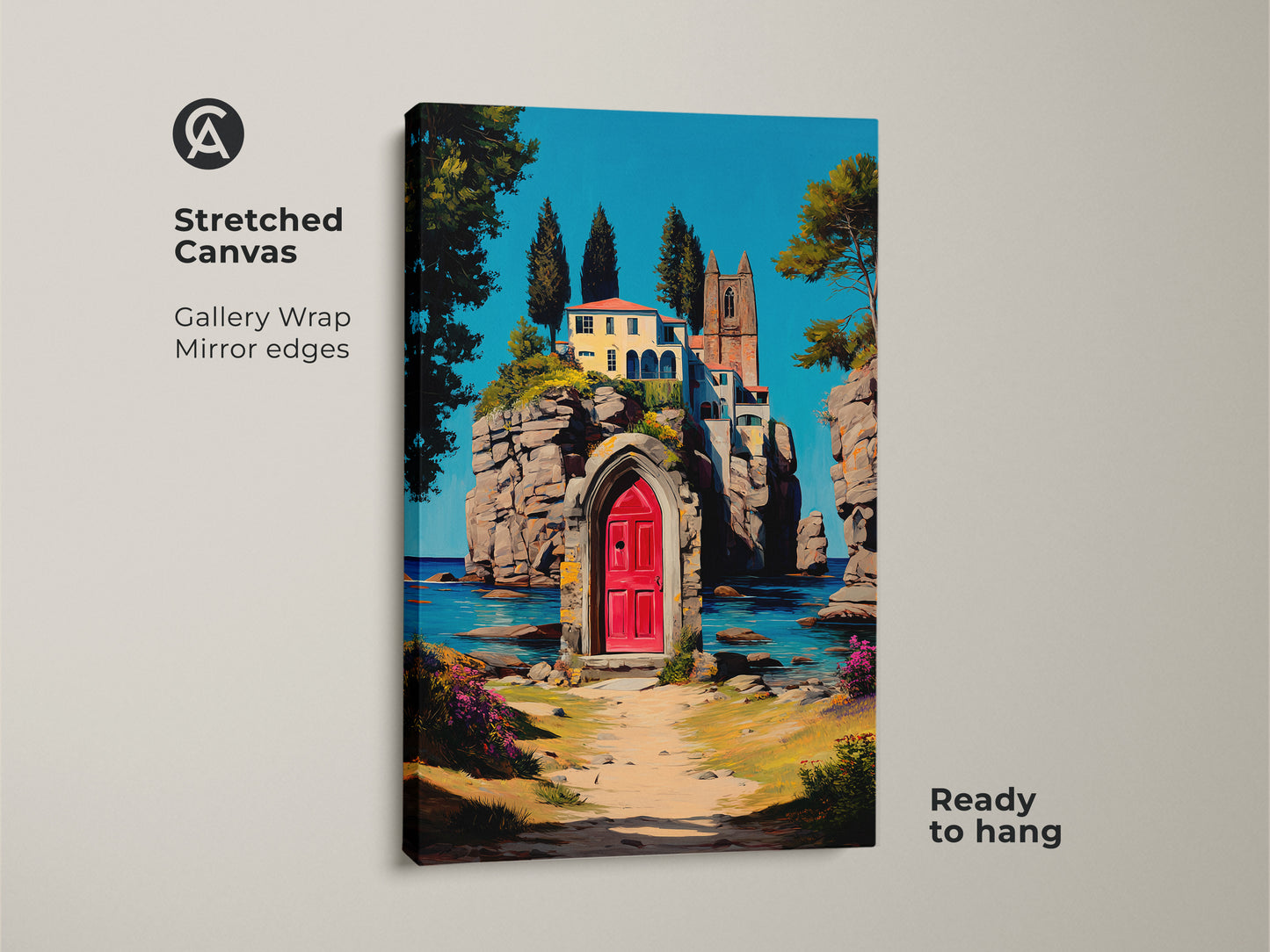 Stretched canvas art print features a Mediterranean villa with a red door. This gallery-wrapped canvas shows a coastal town scene with teal blue ocean views. Ready to hang this impressionistic landscape enhances home decor. Its an ideal housewarming or travel lover gift.