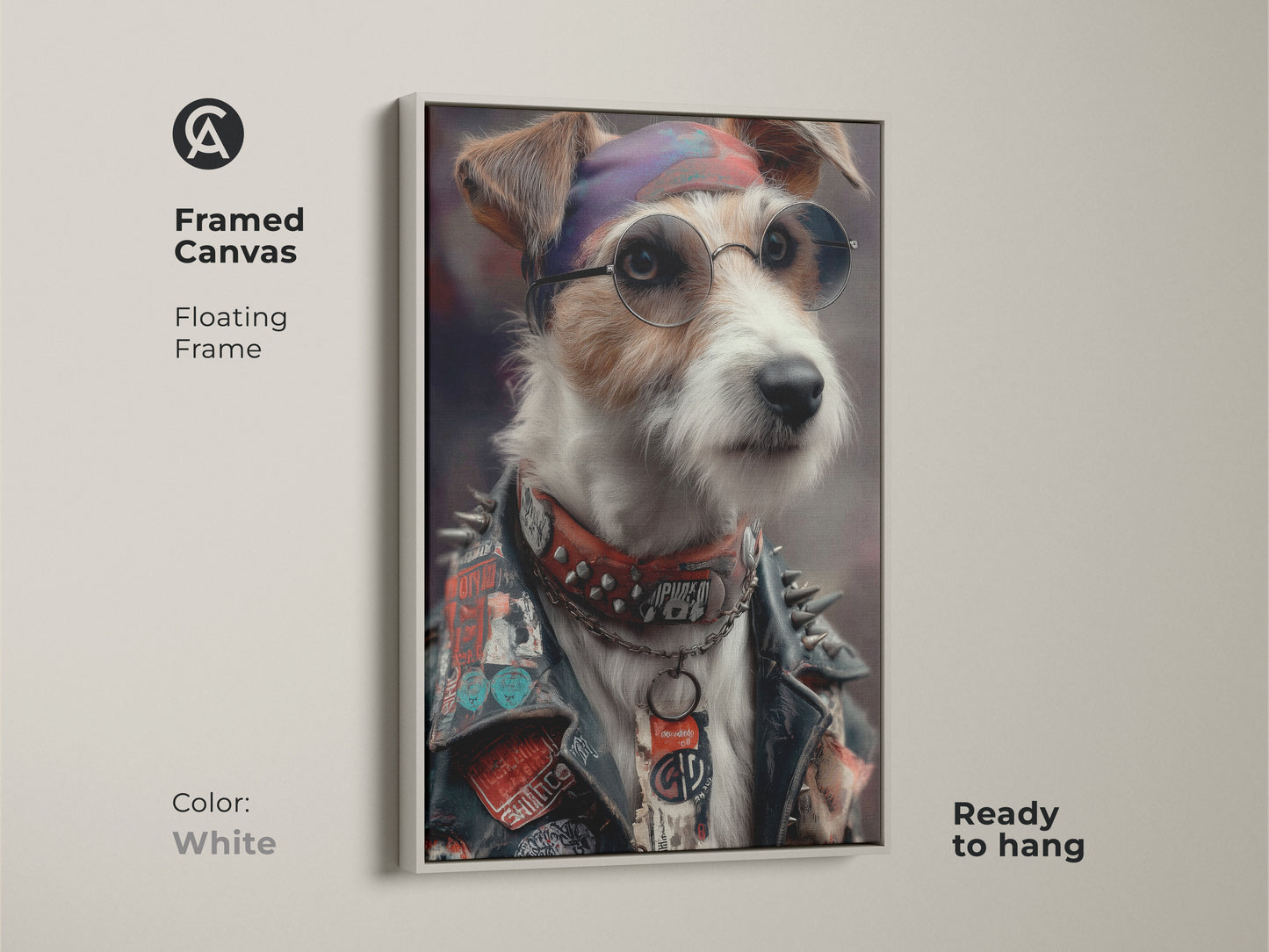 White framed canvas art. This artwork features a punk rock Jack Russell Terrier. The floating frame enhances the Neo-Victorian aesthetic. This unique dog artwork is perfect for eclectic homes. It will make a bold statement ready to hang in a man cave.