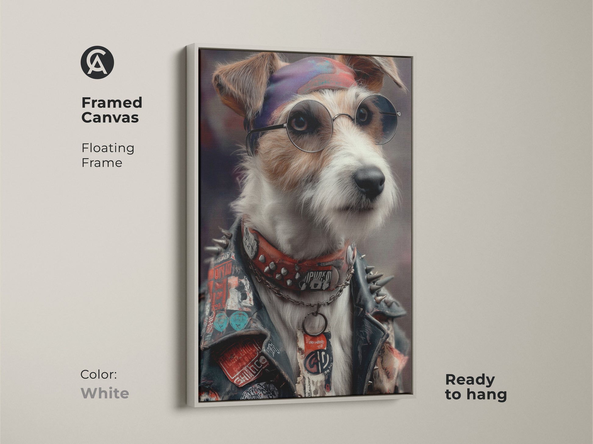 White framed canvas art. This artwork features a punk rock Jack Russell Terrier. The floating frame enhances the Neo-Victorian aesthetic. This unique dog artwork is perfect for eclectic homes. It will make a bold statement ready to hang in a man cave.