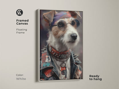 White framed canvas art. This artwork features a punk rock Jack Russell Terrier. The floating frame enhances the Neo-Victorian aesthetic. This unique dog artwork is perfect for eclectic homes. It will make a bold statement ready to hang in a man cave.
