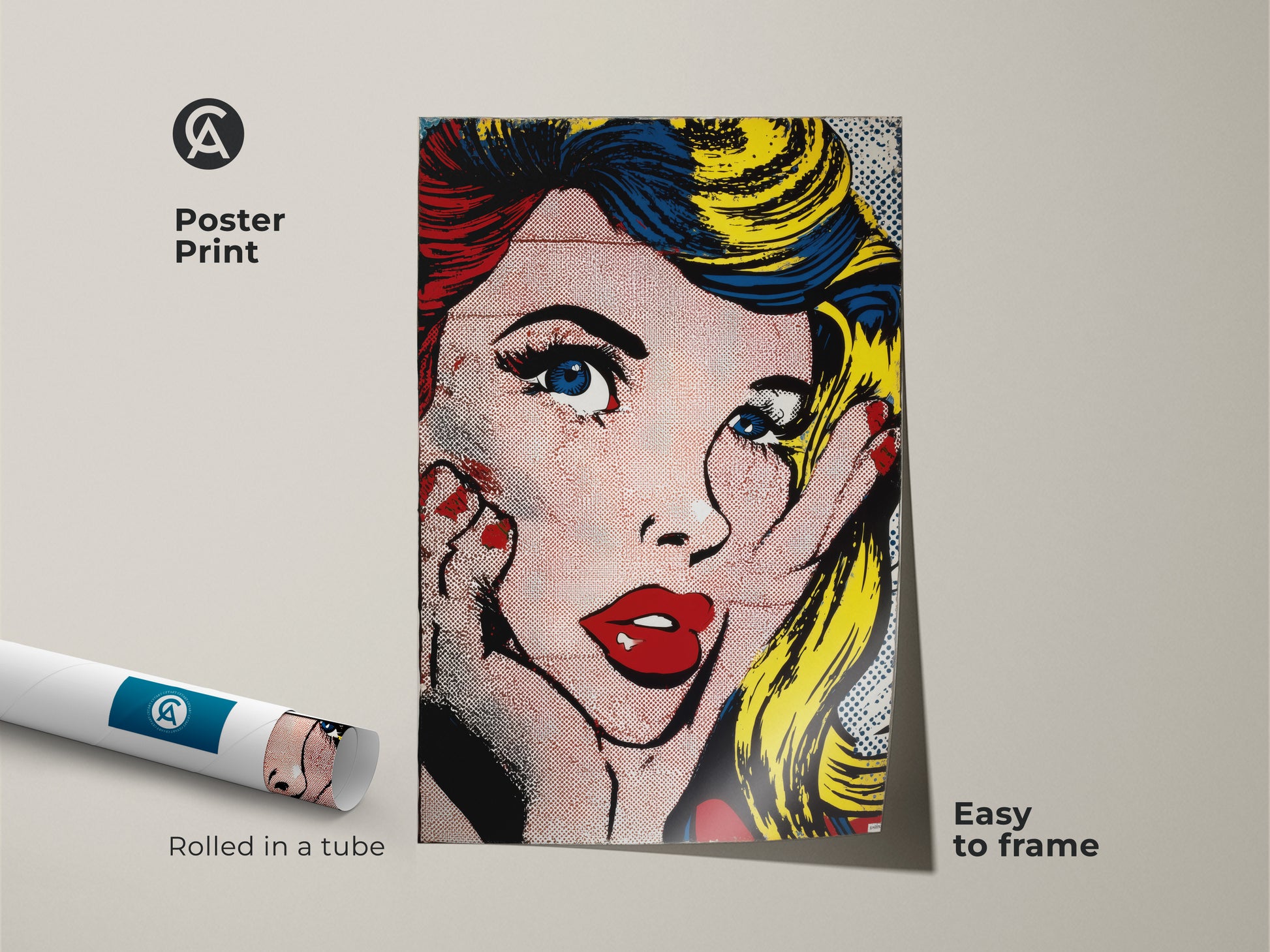 Pop Art Woman poster print. This museum-quality paper print comes rolled in a tube for easy framing. The art features a stylish woman with bold colors and a distinct pop art style. This poster is a great option for decorating any living space