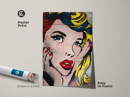 Pop Art Woman poster print. This museum-quality paper print comes rolled in a tube for easy framing. The art features a stylish woman with bold colors and a distinct pop art style. This poster is a great option for decorating any living space