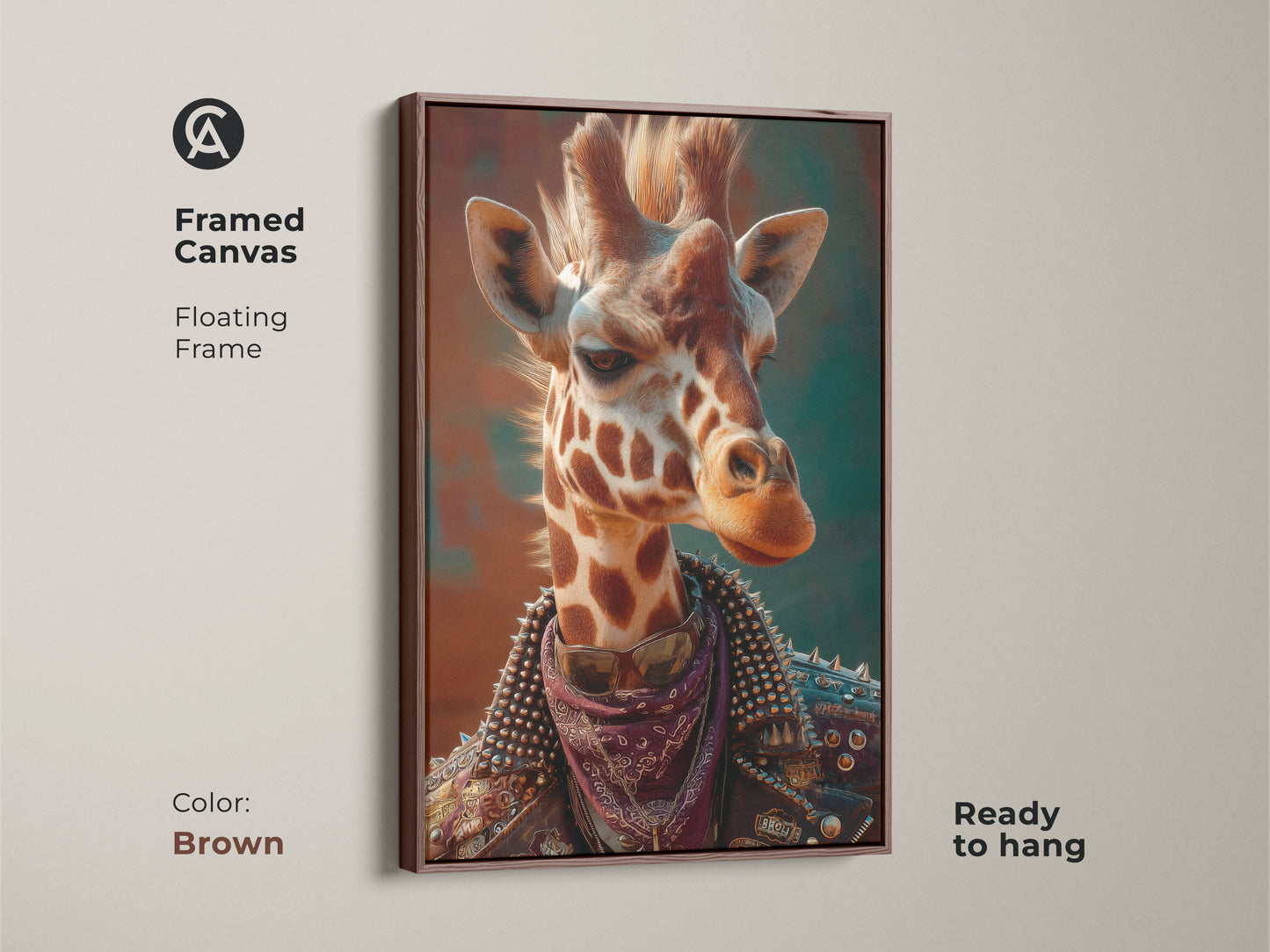 This framed canvas showcases punk giraffe artwork. The brown floating frame adds warmth. It is ready to hang. This surreal animal canvas suits eclectic teen room decor. The wildlife animal print is alternative art. A rocker style artwork. It's edgy home decor.