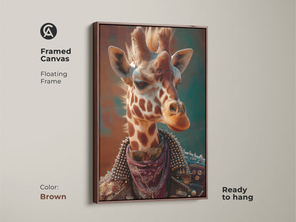 This framed canvas showcases punk giraffe artwork. The brown floating frame adds warmth. It is ready to hang. This surreal animal canvas suits eclectic teen room decor. The wildlife animal print is alternative art. A rocker style artwork. It's edgy home decor.